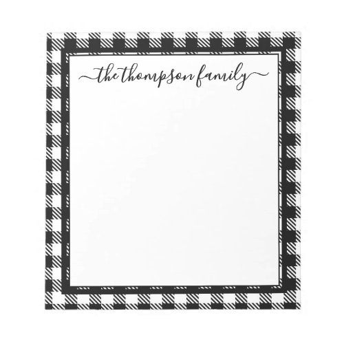 Buffalo Plaid Black White Script Family Name Notepad