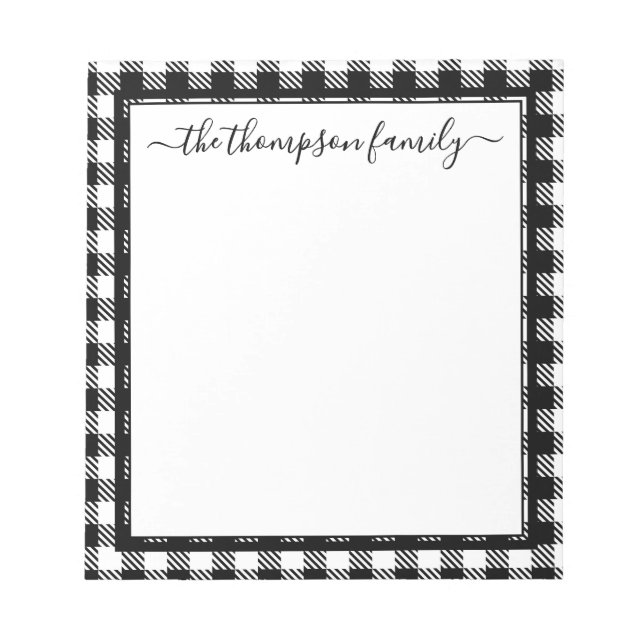 Buffalo Plaid Black White Script Family Name Notepad (Front)