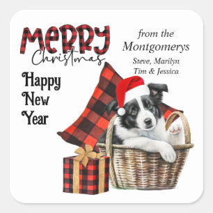 Buffalo Plaid Border Collie Puppy Christmas Square Sticker