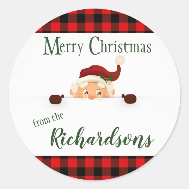 Buffalo Plaid Border Santa Claus Classic Round Sticker (Front)