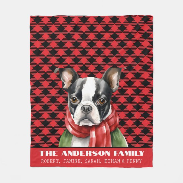 Buffalo Plaid Boston Terrier Christmas Fleece Blanket (Front)