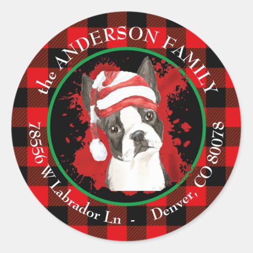 Buffalo Plaid Boston Terrier Dog Return Address Classic Round Sticker