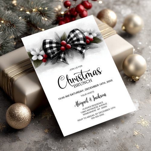Buffalo Plaid Bow Christmas Brunch Invitation