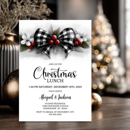 Buffalo Plaid Bow Christmas Lunch Invitation