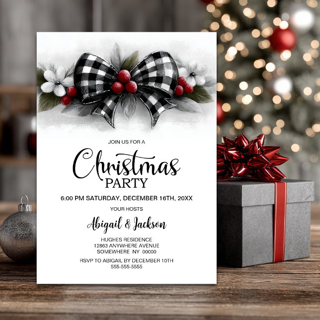 Buffalo Plaid Bow Christmas Party Invitation (Creator Uploaded)
