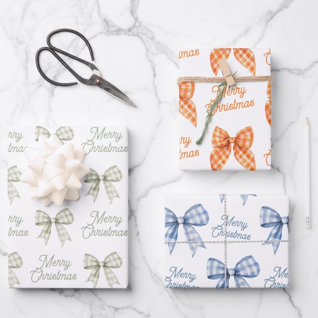 Buffalo Plaid Bows Sage Peach Blue Merry Christmas Wrapping Paper Sheets (Front)
