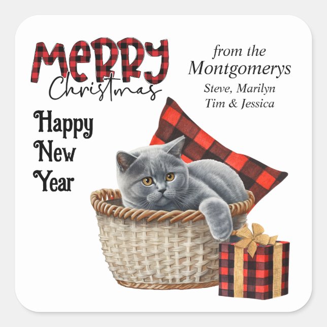 Buffalo Plaid British Shorthair Gray Cat Christmas Square Sticker (Front)