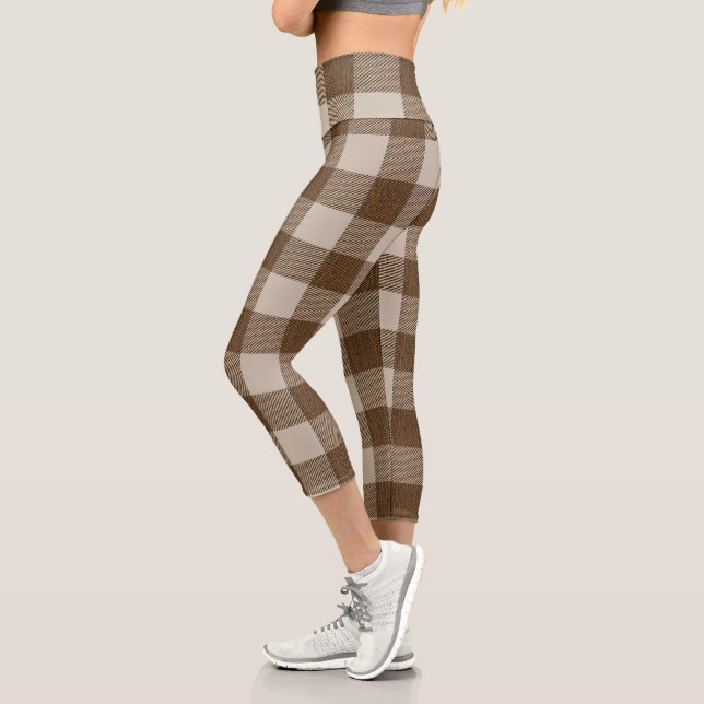 Buffalo Plaid Brown and Beige Beautiful  Capri Leggings (Left)