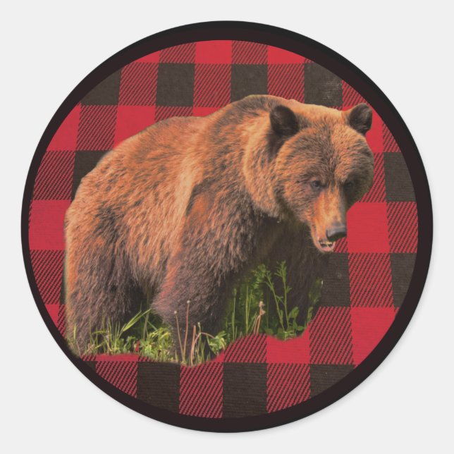 Buffalo Plaid Brown Bear Round Sticker (Front)