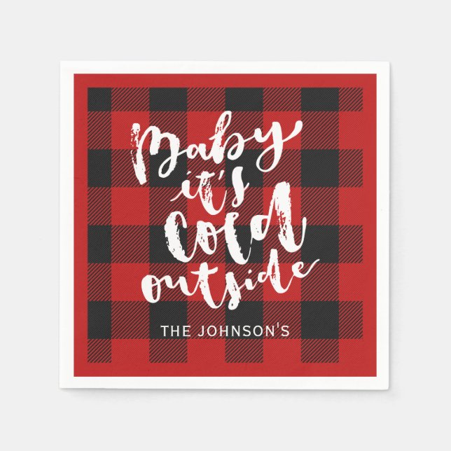 Buffalo Plaid Brush Script It's Cold Outside Name Napkins (Front)