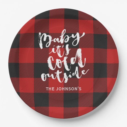 Buffalo Plaid Brush Script Its Cold Outside Name Paper Plates