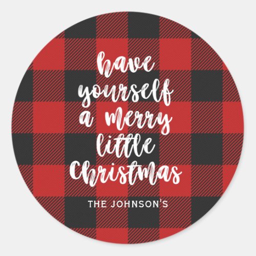 Buffalo Plaid Brush Script Little Christmas Name Classic Round Sticker