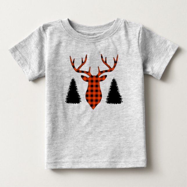 Buffalo Plaid Buck Deer Pine Trees Baby T-Shirt (Front)