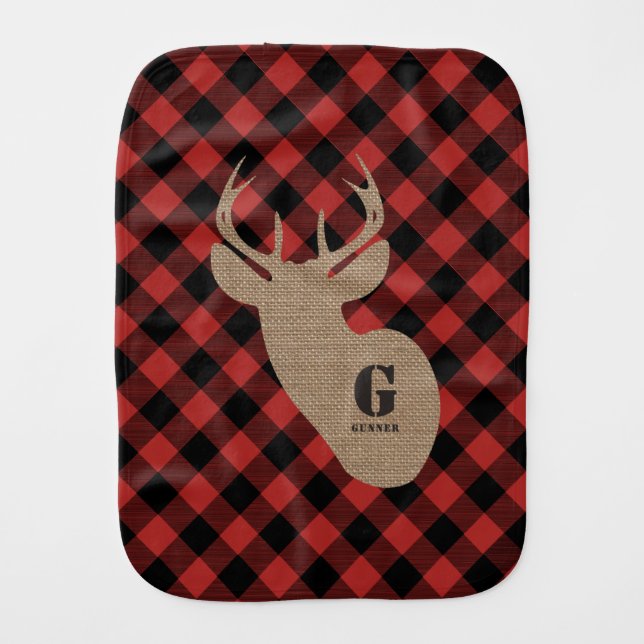 Buffalo Plaid Burlap Buck Deer Burp Cloth (Front)