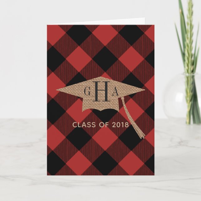 Buffalo Plaid Burlap Graduation Photo Announcement (Front)