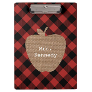 Buffalo Plaid Burlap Personalized Teacher Apple Clipboard