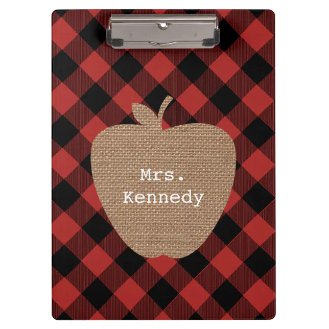 Buffalo Plaid Burlap Personalized Teacher Apple Clipboard Zazzle