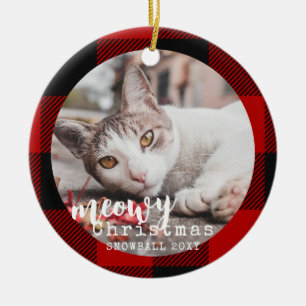 Buffalo Plaid Cat Meowy Christmas Photo Ceramic Ornament