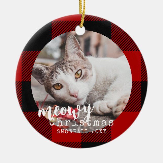 Buffalo Plaid Cat Meowy Christmas Photo Ceramic Ornament (Front)