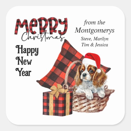 Buffalo Plaid Cavalier King Charles Puppy Holiday Square Sticker