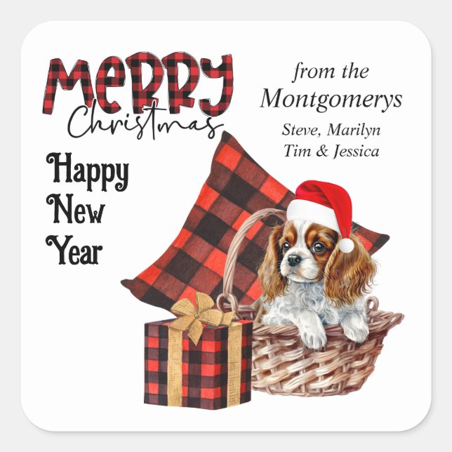 Buffalo Plaid Cavalier King Charles Puppy Holiday Square Sticker (Front)