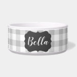 Buffalo Plaid Chalkboard Label Custom Name Pet<br><div class="desc">Gray Buffalo Plaid Personalized Pet Name on a Ceramic Dog Bowl food or water with your new puppy or dog's name in a calligraphy script font inside a faux light black chalkboard look fancy shape label. The farmhouse chic style in neutral colors will look great anywhere.</div>