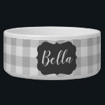 Buffalo Plaid Chalkboard Label Custom Name Pet Bowl<br><div class="desc">Gray Buffalo Plaid Personalized Pet Name on a Ceramic Dog Bowl food or water with your new puppy or dog's name in a calligraphy script font inside a faux light black chalkboard look fancy shape label. The farmhouse chic style in neutral colors will look great anywhere.</div>
