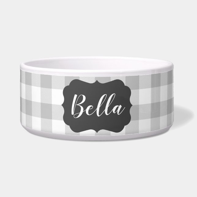 Buffalo Plaid Chalkboard Label Custom Name Pet Bowl (Front)
