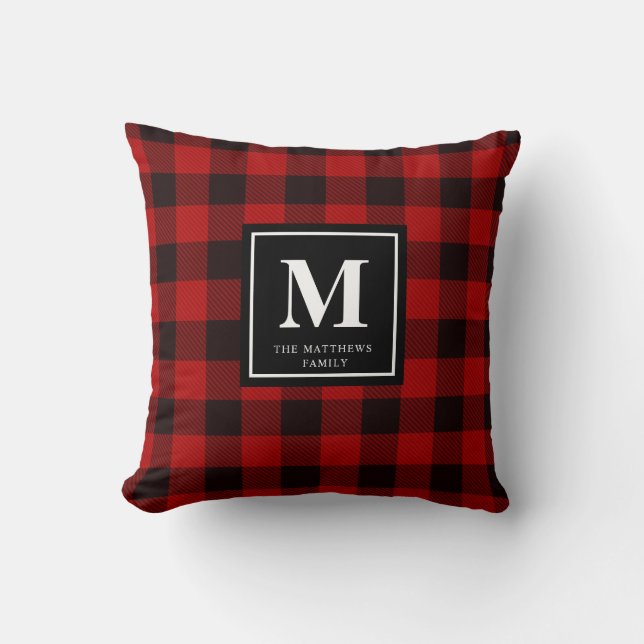Buffalo Plaid Check Monogram- Black Throw Pillow (Front)