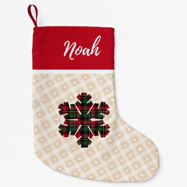 Buffalo plaid check script christmas name rustic small christmas stocking (Front)