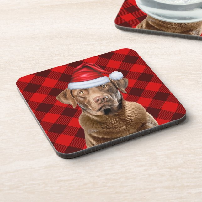 Buffalo Plaid Chesapeake Bay Retriever Santa Dog Beverage Coaster (Left Side)