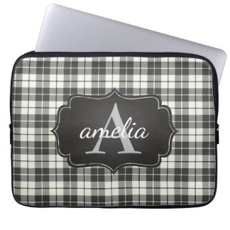 Buffalo Plaid Chic Monogram Name Black Ivory Laptop Sleeve