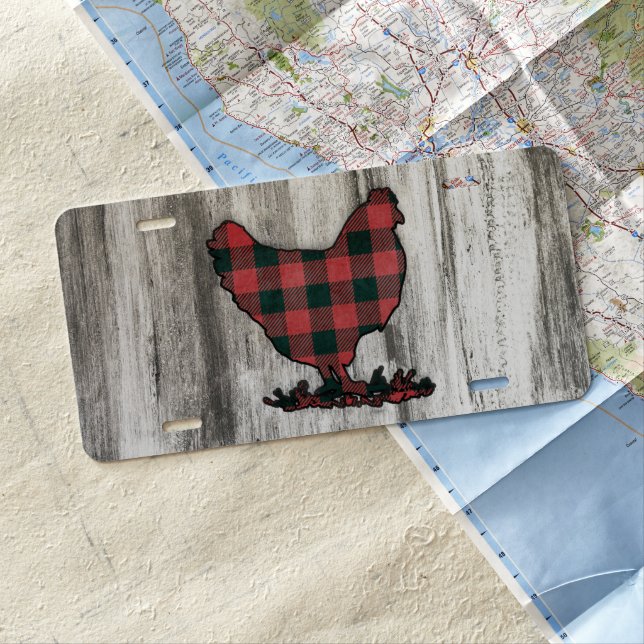 Buffalo Plaid Chicken License Plate (In Situ)