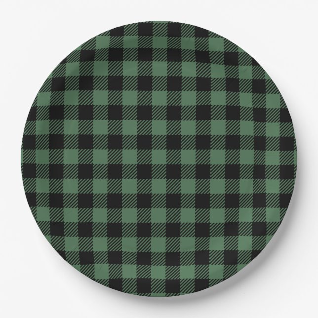 Buffalo Plaid Christmas Black Green Paper Plates (Front)