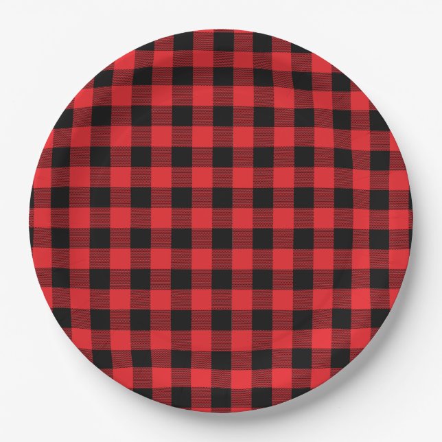 Buffalo Plaid Christmas Black Red Paper Plates (Front)