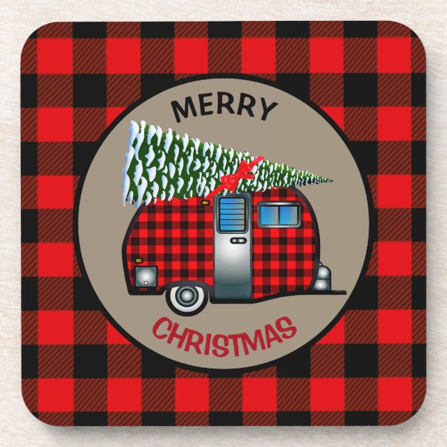 Buffalo Plaid Christmas Camper Beverage Coaster (Front)