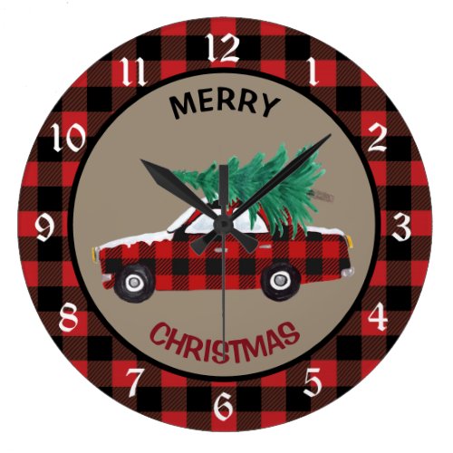 Buffalo Plaid Christmas Car Large Clock