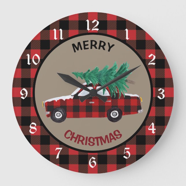 Buffalo Plaid Christmas Car Large Clock (Front)