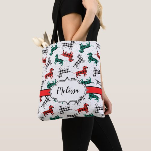 Buffalo plaid Christmas Dachshunds  Tote Bag