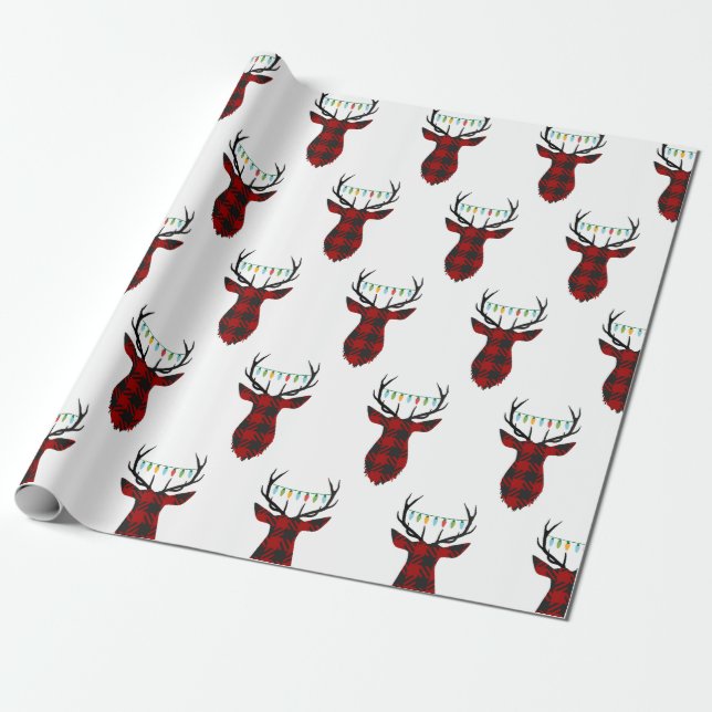 Buffalo Plaid Christmas Deer Wrapping Paper (Unrolled)