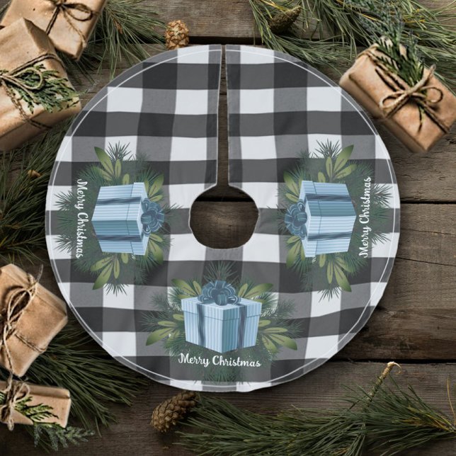 Buffalo Plaid Christmas Gift | Blue Brushed Polyester Tree Skirt (Blue Buffalo Plaid Christmas Gift Tree Skirt)