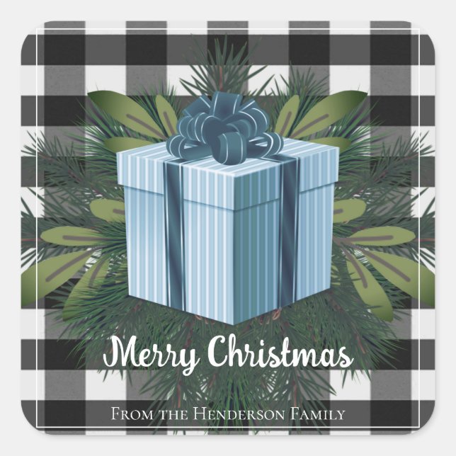 Buffalo Plaid Christmas Gift | Blue Christmas Square Sticker (Front)