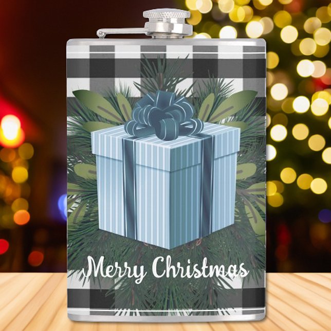 Buffalo Plaid Christmas Gift | Blue Flask (Blue Buffalo Plaid Christmas Gift Flask)