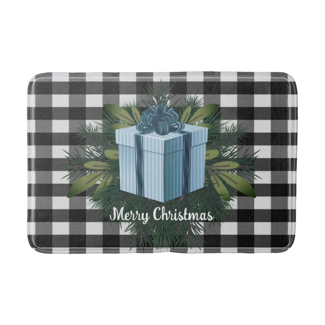 Buffalo Plaid Christmas Gift | Blue Holiday Bath Mat (Front)