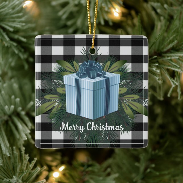 Buffalo Plaid Christmas Gift | Blue Holiday Ceramic Ornament (Tree)