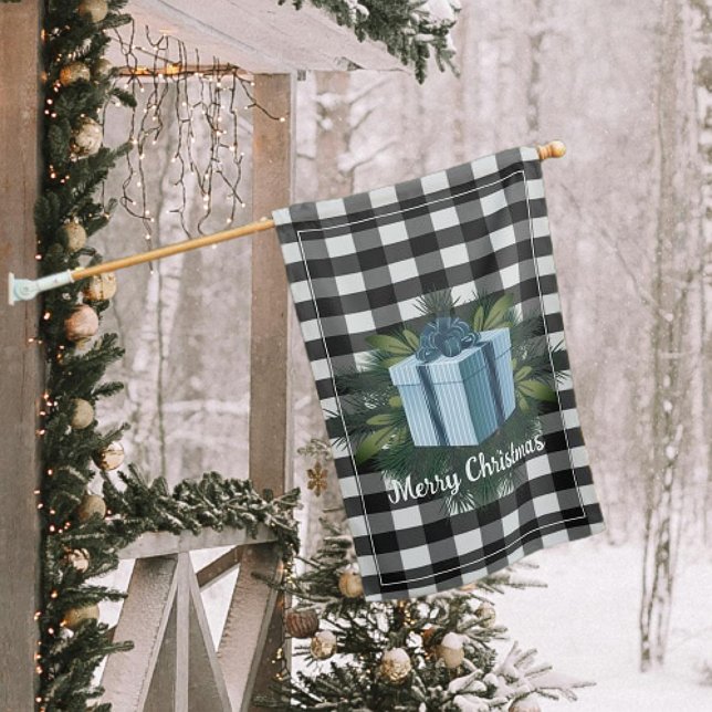 Buffalo Plaid Christmas Gift | Blue Holiday House Flag (Buffalo Plaid Blue Christmas Gift Holiday House Flag)