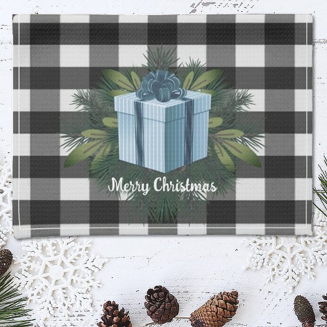 Buffalo Plaid Christmas Gift | Blue Holiday Kitchen Towel (Blue Buffalo Plaid Christmas Gift Holiday Kitchen Towel)