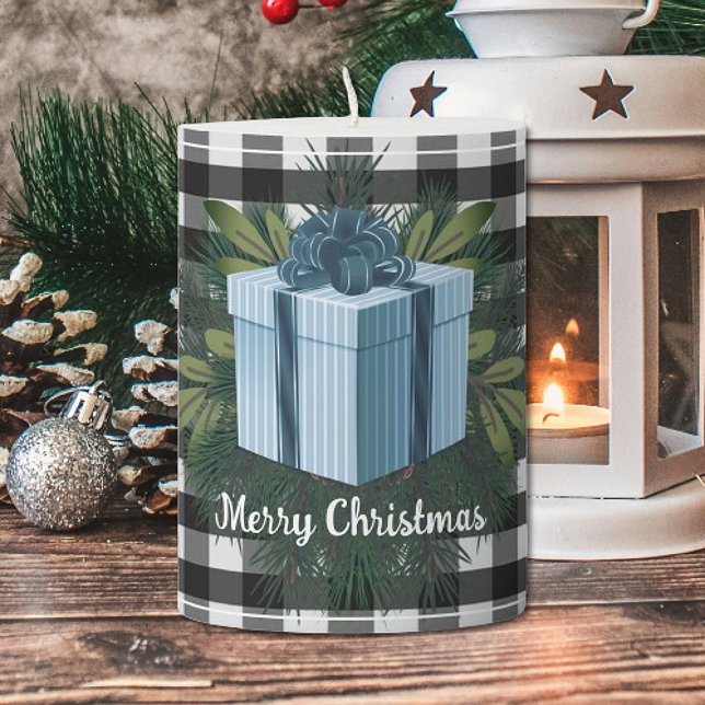 Buffalo Plaid Christmas Gift | Blue Holiday Pillar Candle (Blue Buffalo Plaid Christmas Gift Holiday Pillar Candle)