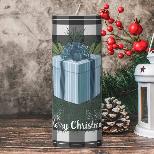 Buffalo Plaid Christmas Gift Blue Holiday Pillar Candle