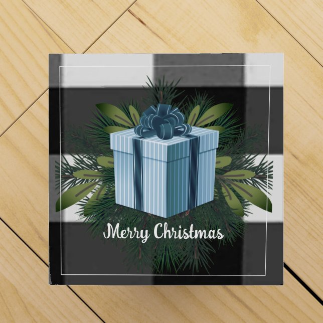 Buffalo Plaid Christmas Gift | Blue Holiday Wine Box (Top)
